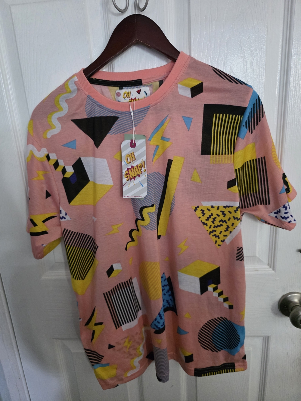 Snap Pink Geometric Print Short Sleeve Blouse